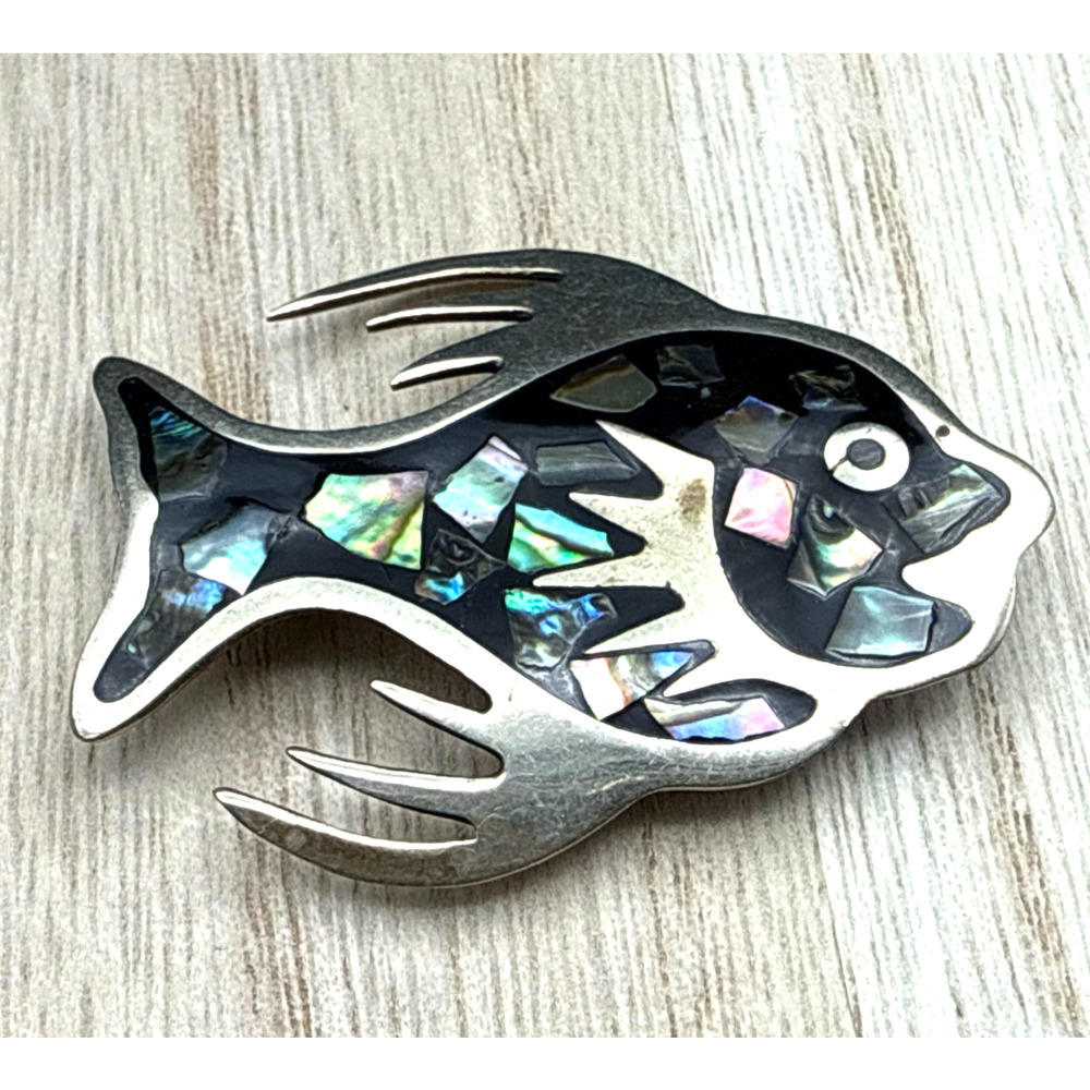 Vintage‎ Abalone Brooch Mexico Signed Alpaca Fish Koi Shell Inlay Pin